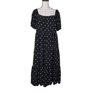 J.Crew Black Polka Dot Midi Dress Sz M Puff Sleeve Square Neck Tiered Coquette